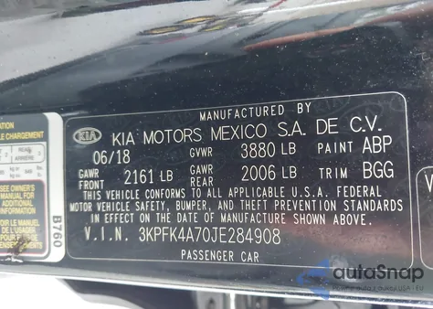 2018 Kia Forte Lx из США, поврежденный, VIN 3KPFK4A70JE284908